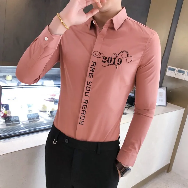 

New Pattern Letter Fashion Korean Shirt Man Long Sleeve Camisa Hombre Clothing Men Club Party Wedding Shirt Camisa Masculina