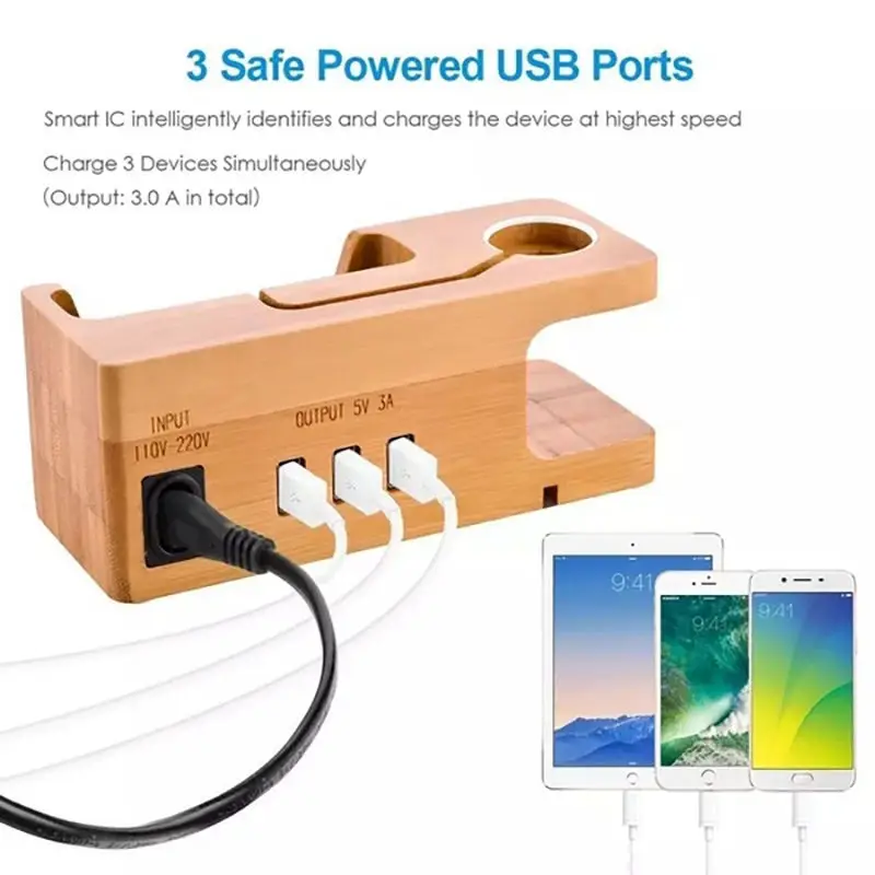 3-Port Usb Ladegerät Für Apple Uhr & Phone Organizer Stehen, Cradle Halter, 15 W 3A Desktop Bambus Holz Ladestation Für Iwatc