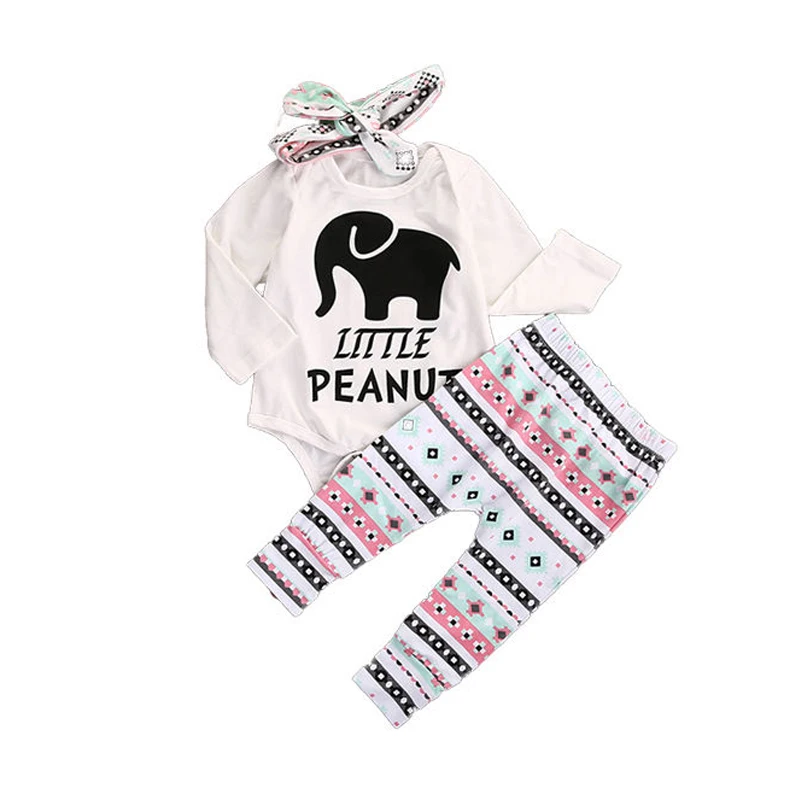 

3 pieces Long Sleeve Little Peanut Top Pant Headband Set For Baby Girl Autumn Elephant Print Clothes