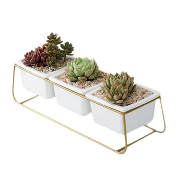 

Nordic Simple Wrought Iron Flower Pot Set Three Pots One Shelf Square Ceramic Succulent Iron Frame Ceramic Flower Pot Set