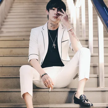 

Mens Suits Slim Fit 2 Pieces Set Costume Homme White Black Suit Groom Wedding Tuxedos Men Short Sleeve Formal Prom Suit Terno
