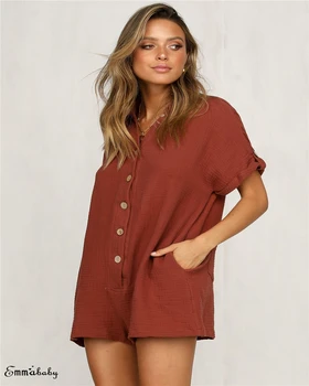 

2019 New Khaki Rompers Womens Jumpsuit Long Elegant Buttom Pockets Loose Short Sleeve High Waist arrival Summer