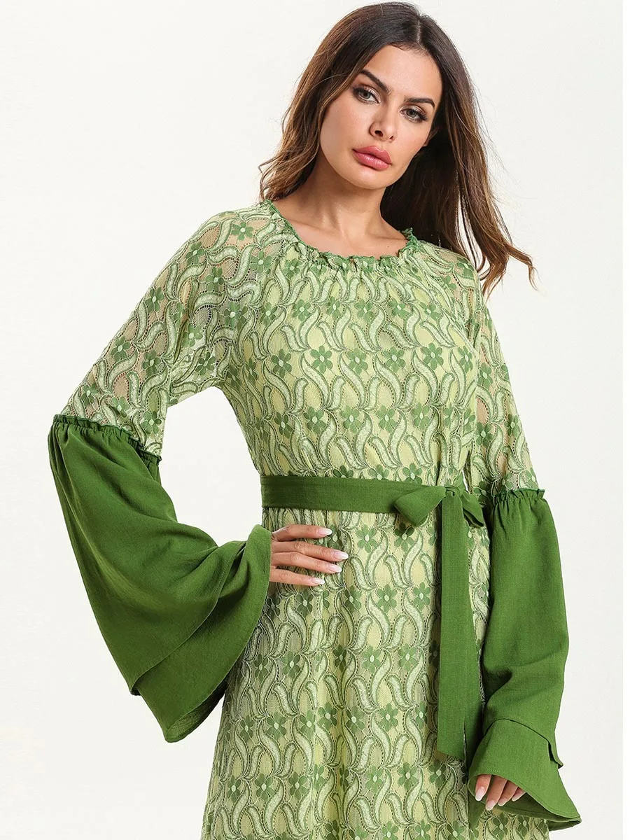 Элегантное мусульманское кружевное платье abaya с расклешенными рукавами летучая