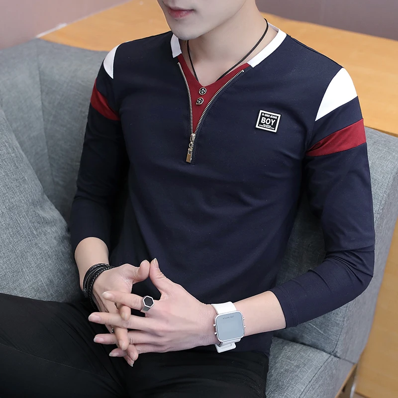 

2019 Spring T-Shirt Men Long Sleeve Casual Zipper T Shirts Self-cultivation Design Simple T Shirt Brand New Round Neck Homme