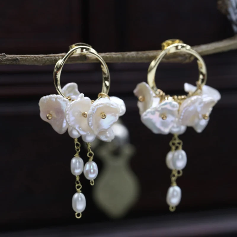

2019 Spring Wreath Earring 100% Real Natrual Pearl + 925 Sterling Silver Female Dangle Earring for Women Shaped Pearl LE022