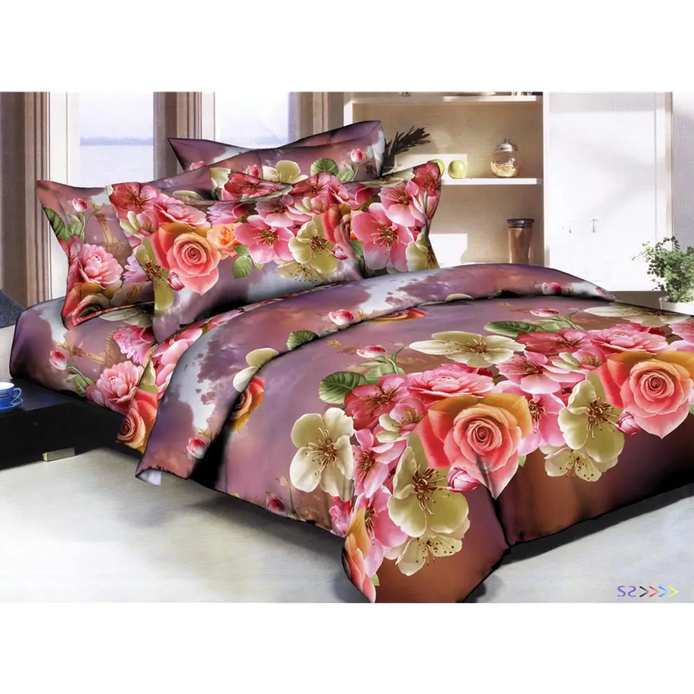  Adeeing 4Pcs/Set 3D Rose Flower Printing Pillowcase Quilt Cover Bed Sheet Bedding Set