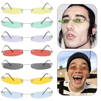 

Rectangle Narrow Sunglasses Women Rimless Vintage Metal Frame Sunglasses Men Luxury Brand Candy Colors Retro Gafas