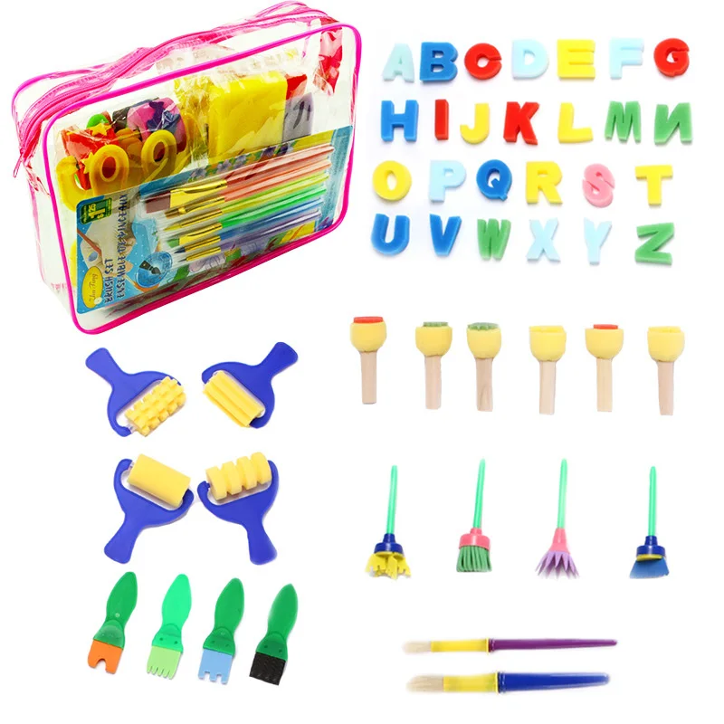 

46pcs/set Children's DIY Early Learning Graffiti Drawing Tools Multifunction Cartoon Letter Plastic Handle Roller Sponge Brush