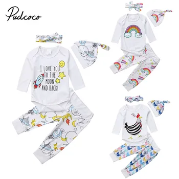 

4Pcs Newborn Infant Baby Boy Girl Clothes Cartoon Print Long Slevee Bodysuit Jumpsuit Tops+Pants Leggings Headband Casual Outfit