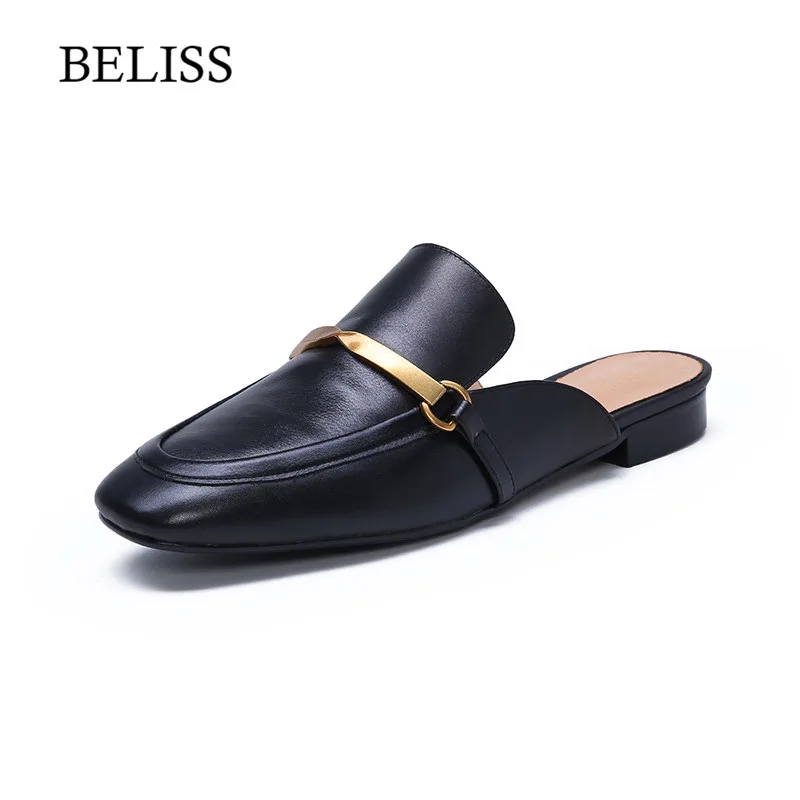 

BELISS 2019 Slippers Women Round Toe Flats Mules Ladies Sandals Slippers Genuine Leather Sexy Slides Womens Shoes Slip On S38