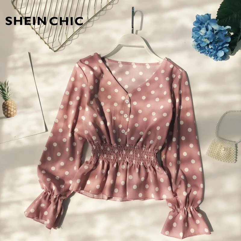 Весна Boho Chic Топы 2019 женские корейские элегантные v-образный вырез с длинным рукавом шифоновые блузки розовый/черный горошек рубашки женские