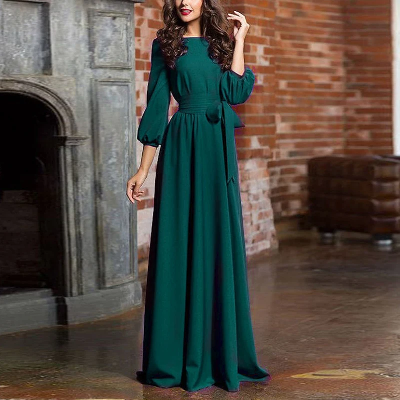 Lantern Sleeve Maxi Dress Womens Elegant Round Neck Evening Long Plus ...