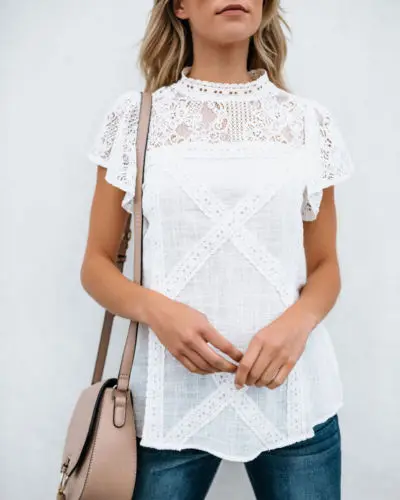 Модная женская летняя рубашка с коротким рукавом, свободная повседневная кружевная белая блузка, Рубашки, Топы, одежда