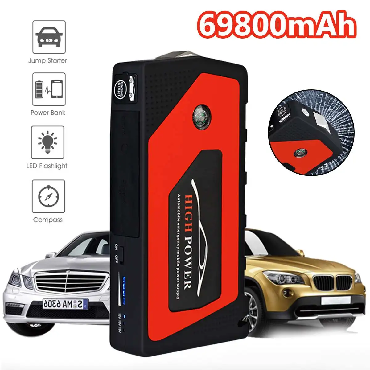 

Car Jump Starter Emergency 69800mAh 12V Starting Device 4USB SOS Light Mobile Power Bank Car Charger For Car Battery Booster LED