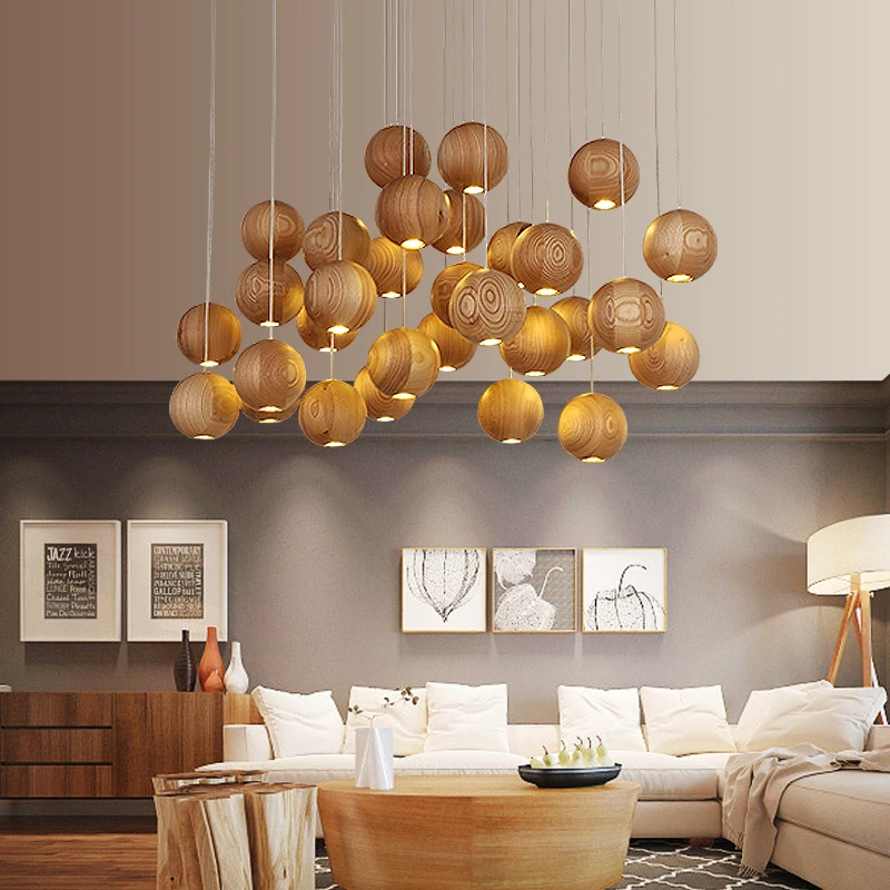 

Vintage Solid Wood Ball Led Pendant Light Kitchen Dining Coffee Bar Hotel Lobby Decoration Pendant Lamp Suspension Luminaire