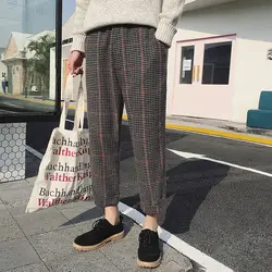 2019 Весна Harajuku ретро Хаундстут шерстяные Материал девять брюки Для мужчин контраст Цвет Повседневное брюки коричневый/серый S-XL