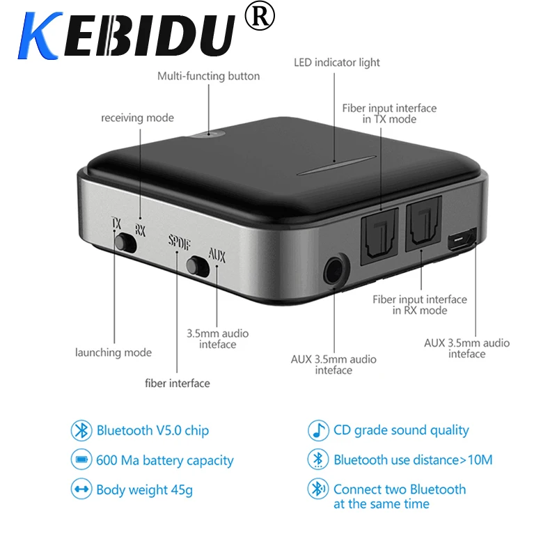 

kebidu Hot Bluetooth 5.0 Transmitter Receiver Wireless aptX HD Optical Toslink Audio 3.5mm Aux/RCA&amp Adapter for TV/Headphone
