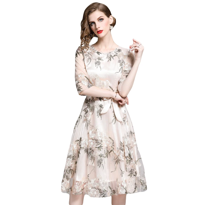 Banulin летнее подиумное женское платье с коротким рукавом с цветочной вышивкой бежевое модное высококачественное Сетчатое элегантное платье до колен