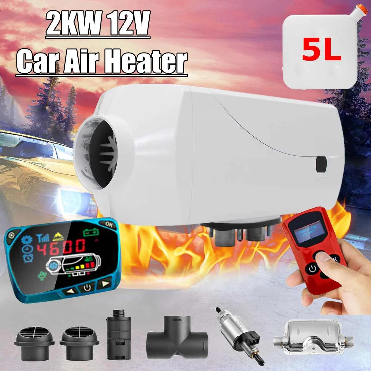 

2000W 12V Car Air Parking Heater Demister Defroster Automatic Temperature Control Set Free 5L Tank Silencer Pipe 1 Hole Output