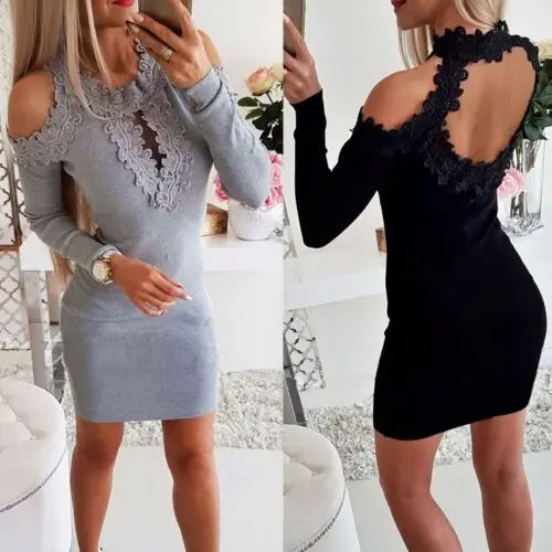 

Women's Sexy Bandage Long Sleeve Dress 2019 New Spring Summer Off Shoulder Hollow Flower Lace Slim Bodycon Mini Dress S-XL