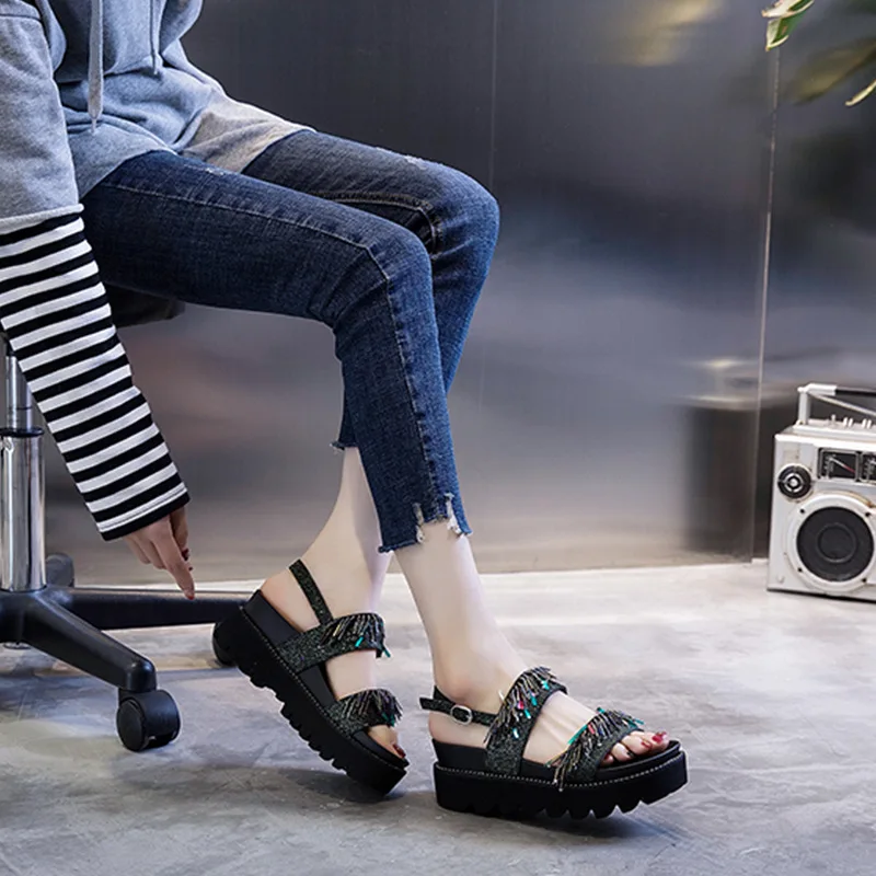 SWYIVY Chunky Sandals Shoes Woman Summer Platform Casual Shoes Black 2019 New Rhinestone Lady Sandals For Woman Wedge Shoes SWYIVY Chunky Sandals Shoes Woman Summer Platform Casual Shoes Black 2019 New Rhinestone Lady Sandals For Woman Wedge Shoes