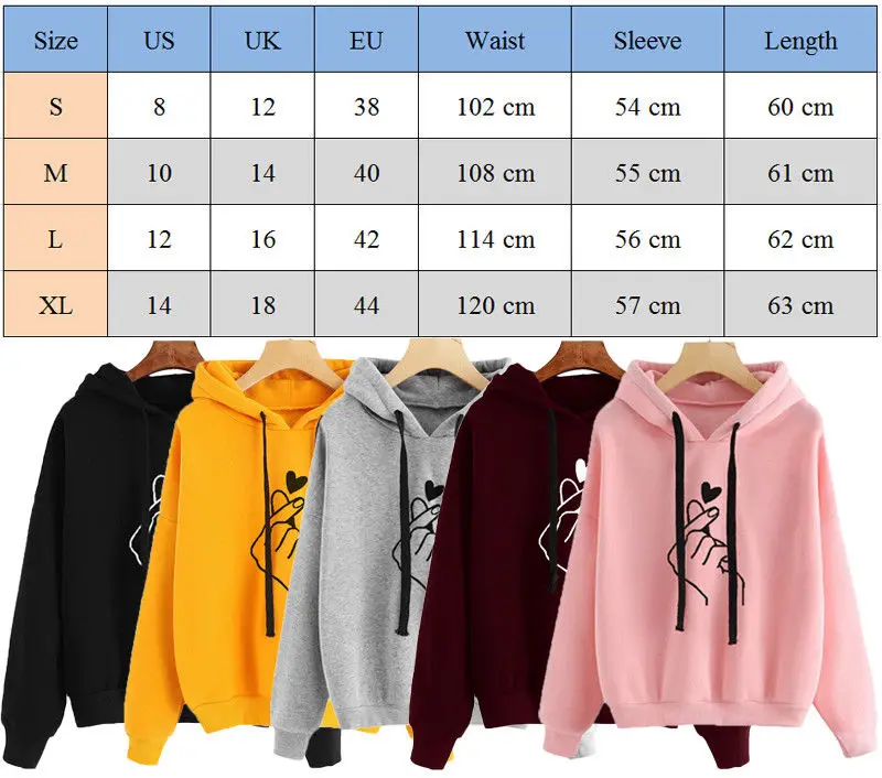 الدافئة الخريف الشتاء الأزياء إمرأة اليد القلب طباعة مقنعين فضفاضة هودي البلوز مضحك الفتيات الوردي مشرق الأصفر هوديس أسود