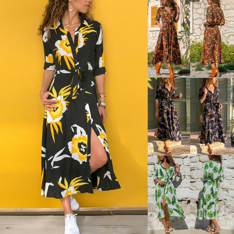 

2019 New Women Floral Print Long Sleeve Beach Dress Lady Evening Party Long Midi Dress