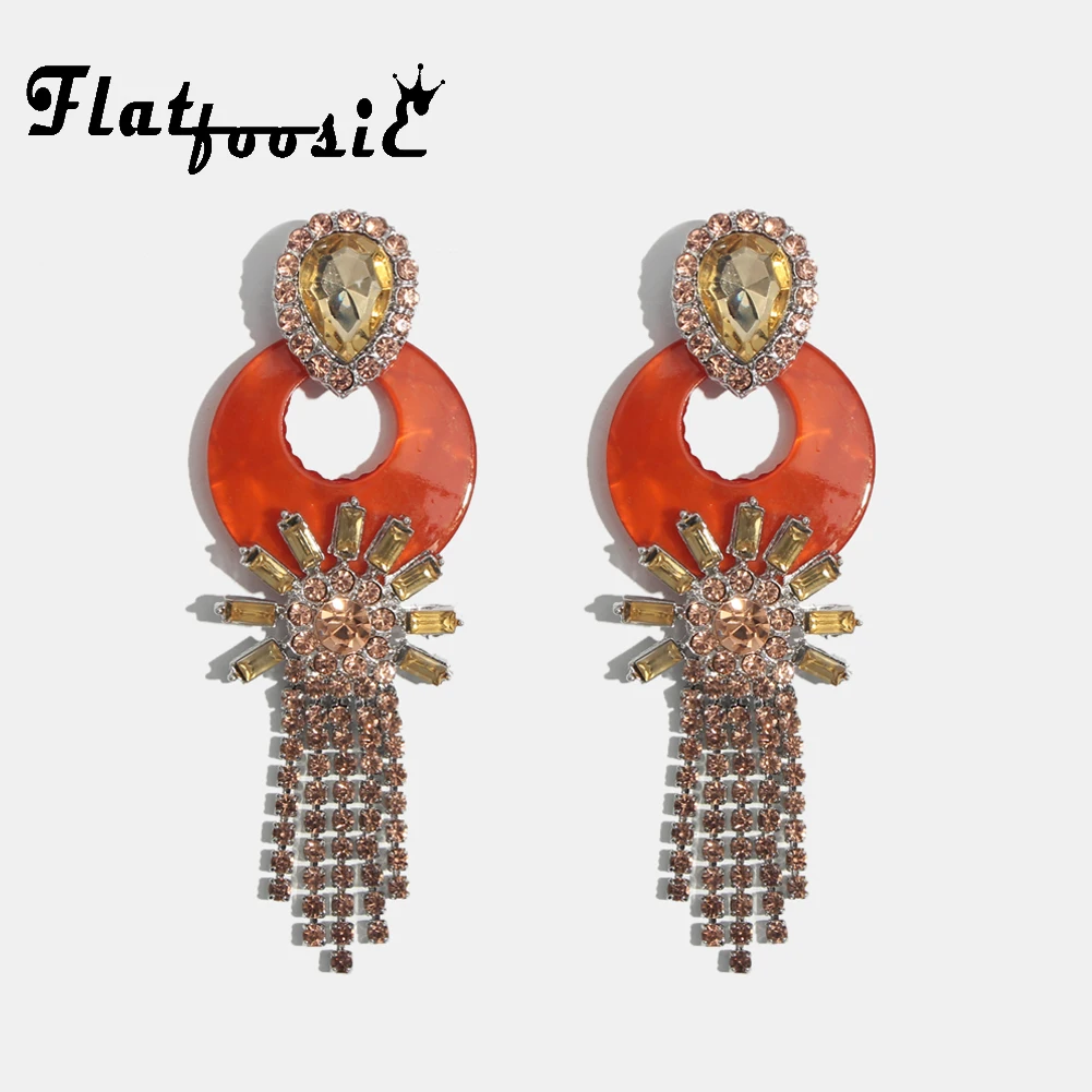 Женские серьги подвески Flatfoosie модные длинные с кристаллами круглые винтажные