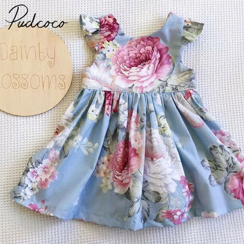

2019 Baby Summer Clothing Toddler Baby Kid Girl 1-4Y Princess Dress Ruffles Fly Sleeve Floral Print Knee-Length A-Line Dresses