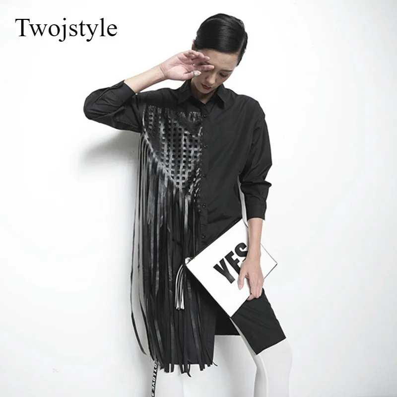 Twojstyle Patchwork Tassel Shirt Big Long sleeve large size CasuaL black Tops Loose Blouse Woman Fashion Korean clothing |
