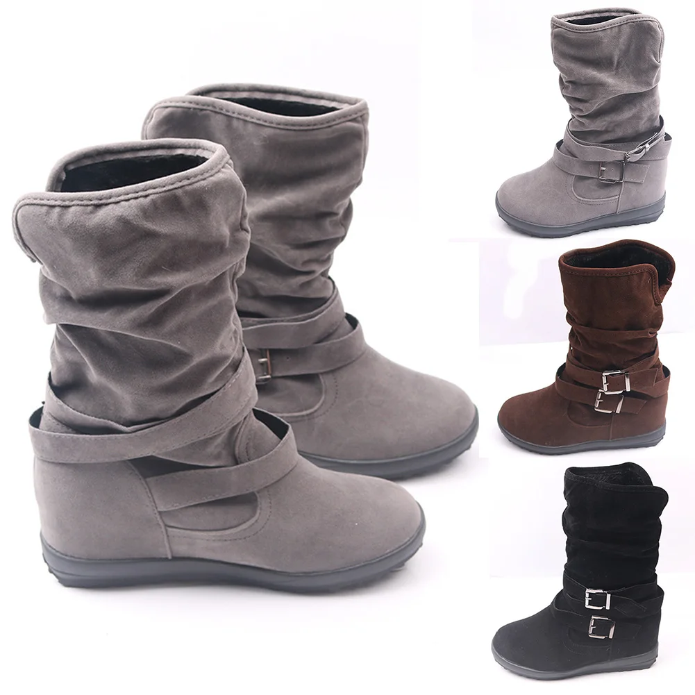 

YJSFG HOUSE Women Boots Flock Winter Boots For Ladies Height Increased Low Heel Shoes Woman Retro Buckle Mid-Calf Boots