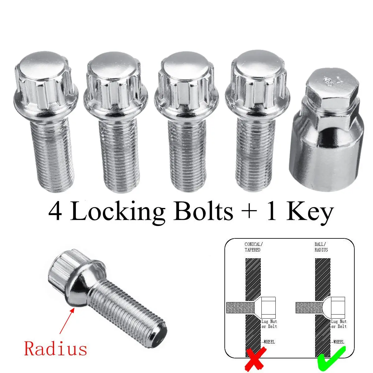 

Steel Wheel Lock Bolts M14 x 1.5mm Locking Radius Security Lug Nuts Set for VW