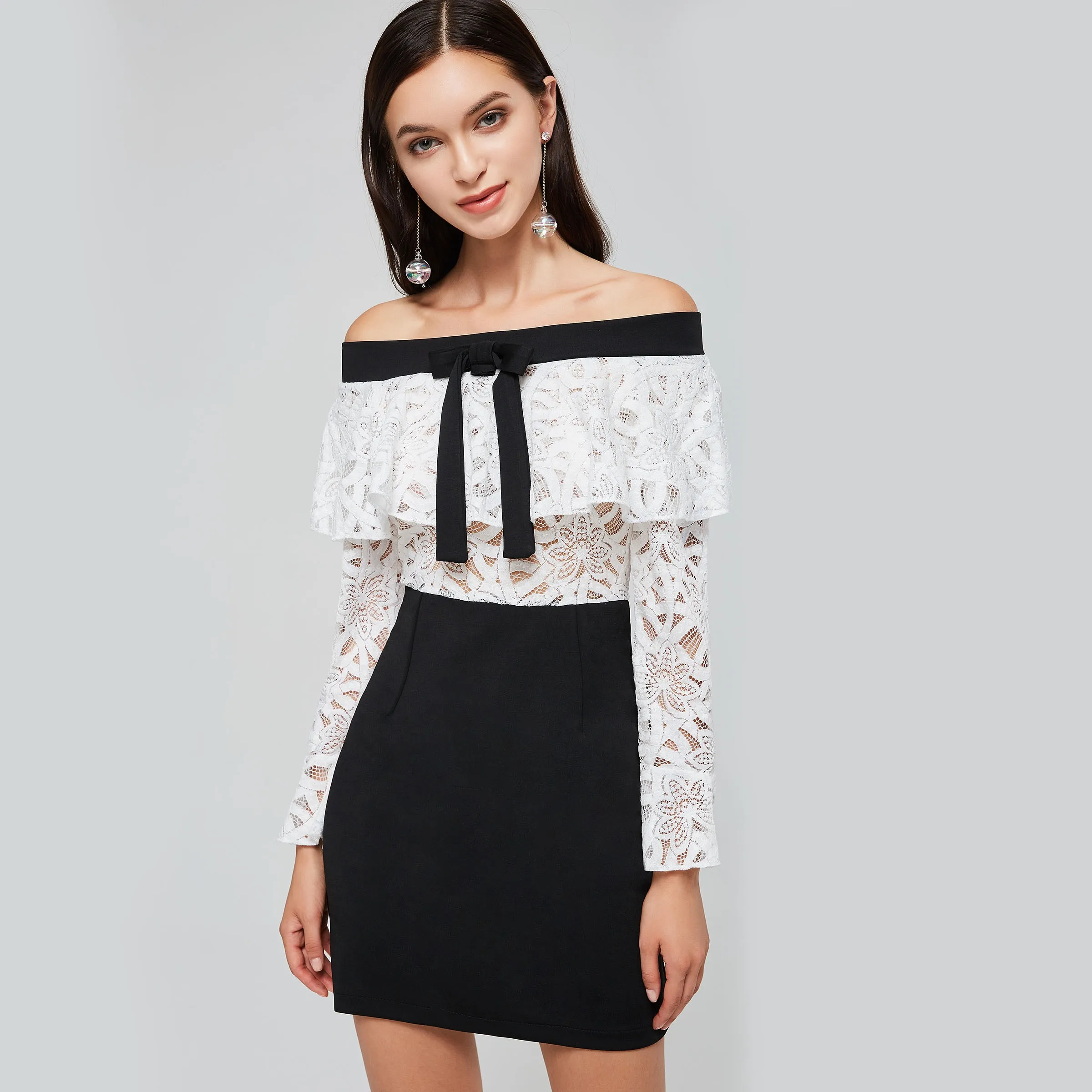 

Women Mini Dresses Elegant White Office Lady Sexy Bodycon High Waist Hollow Patchwork Female Fashion Winter Short Dress