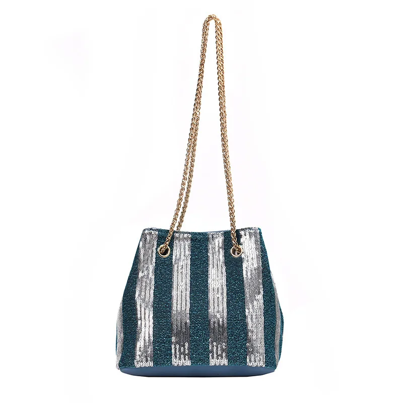 

Women's Shoulder Women Bag 2019 New Ins Fashion Sequins Striped Chain Bucket Bag PU Leather Korean Version Handbag Small Summer
