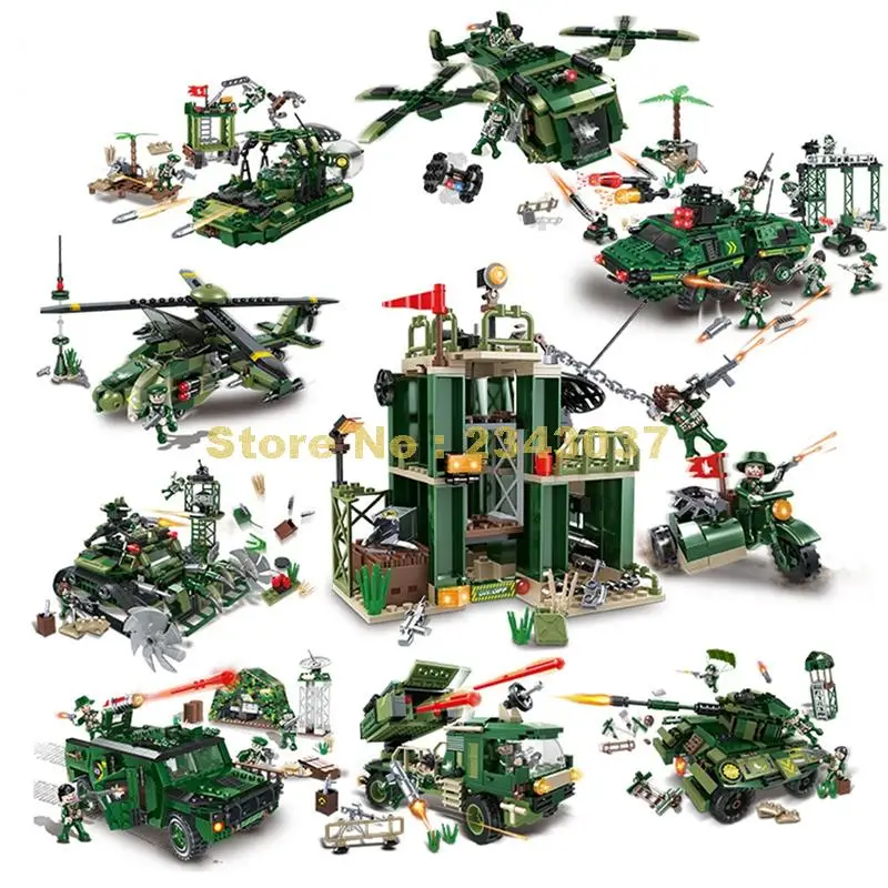 

Military Helicopter Armoured Vehicle Attack Boat Anti-aircraft Guns Headquarters Building Blocks Toy