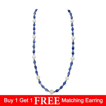 

LiiJi Unique 11-12mm Freshwater Pearl Hematite Blue Crystal Long Necklace 80cm