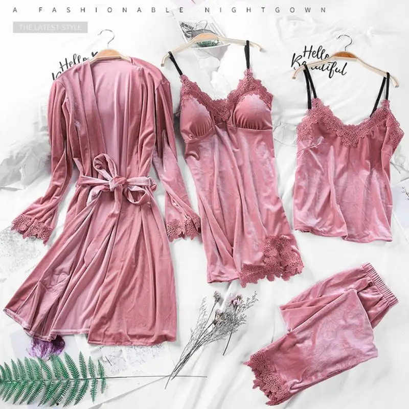 

4Pcs Pajama Set Nightidress Suspenders Pants Spaghetti Strap Solid Adult Sleepwear Autumn Sexy Long Sleeve Night Gown For Women