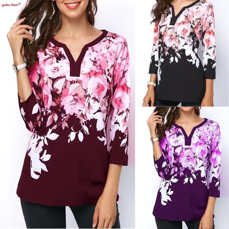 

Large Size T-shirt Female Summer Clothes Three Quarter Sleeve Casual Loose Printed Women T Shirt Top Femme Costume XXXL 4XL 5XL