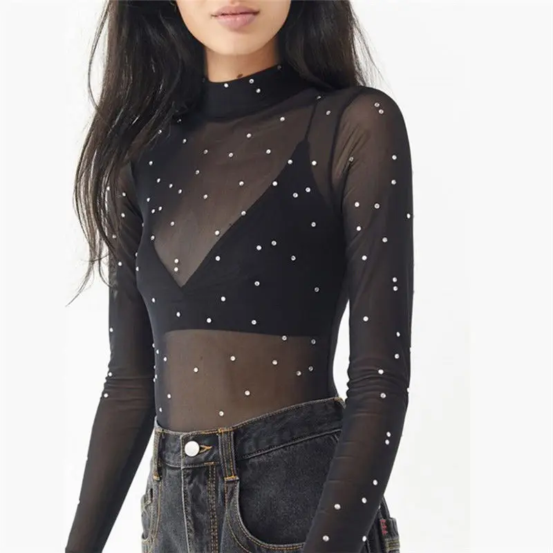 

Women Mesh Sheer See-through Long Sleeve Crop Tops Tee Fishnet Bodysuit UK