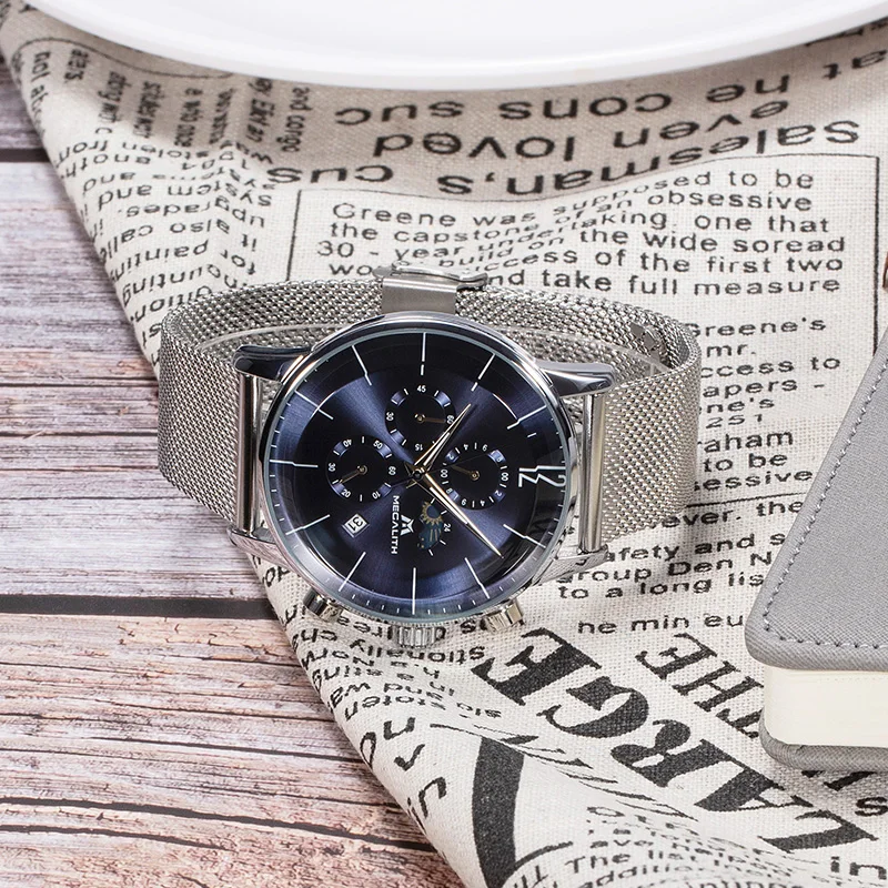 MEGALITH Men's Fashion Watches Blue Face Sport Waterproof Chronograph Wristwatch Classic Steel Mesh Clock Relogio Masculino MEGALITH Men's Fashion Watches Blue Face Sport Waterproof Chronograph Wristwatch Classic Steel Mesh Clock Relogio Masculino