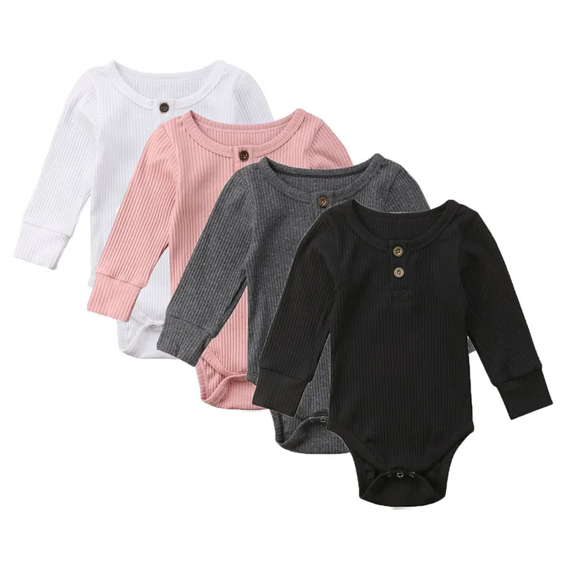 

Newborn Infant Baby Boy Girl Romper Jumpsuit Solid Long Sleeve Knit Button Rompers Clothes Outfits Black Grey Pink