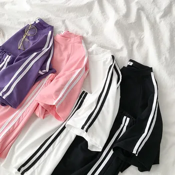 Casual Tracksuit Two Piece Outfits Side Striped Pant Set Summer Short Sleeve T-shirt + High Waist Shorts Purple Matching Sets 1