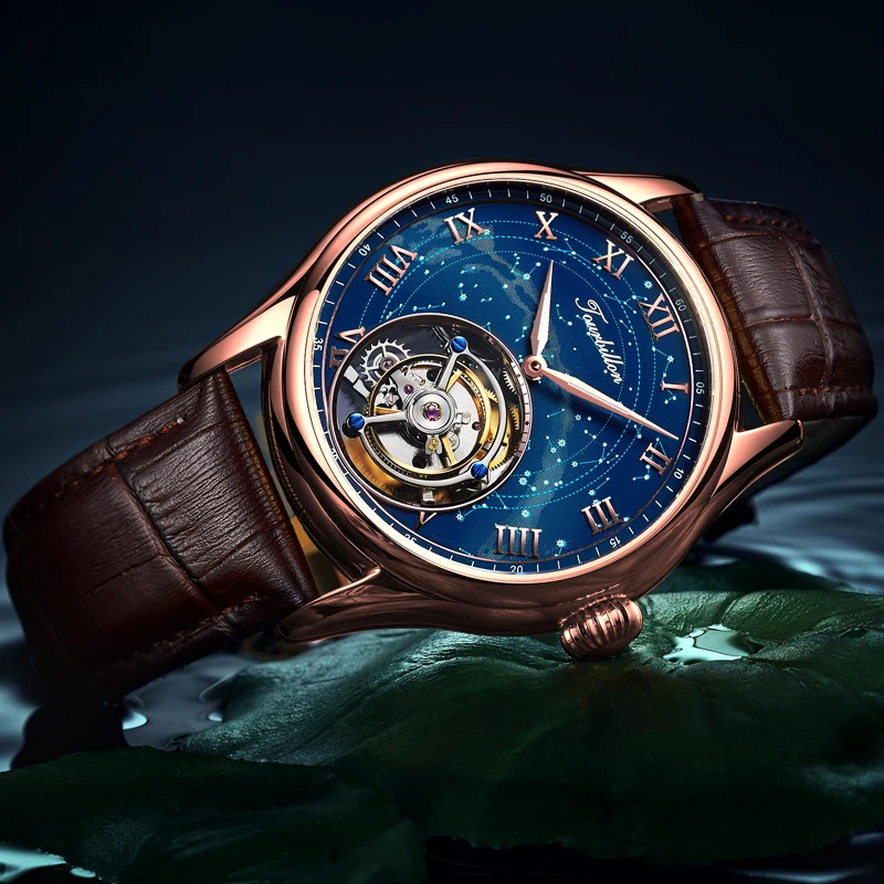 Customized Luxury Mens Mechanical Watches Star Sky Austrian Crystal Zircons 24K Gold Original Tourbillon Hollow Movement Watches