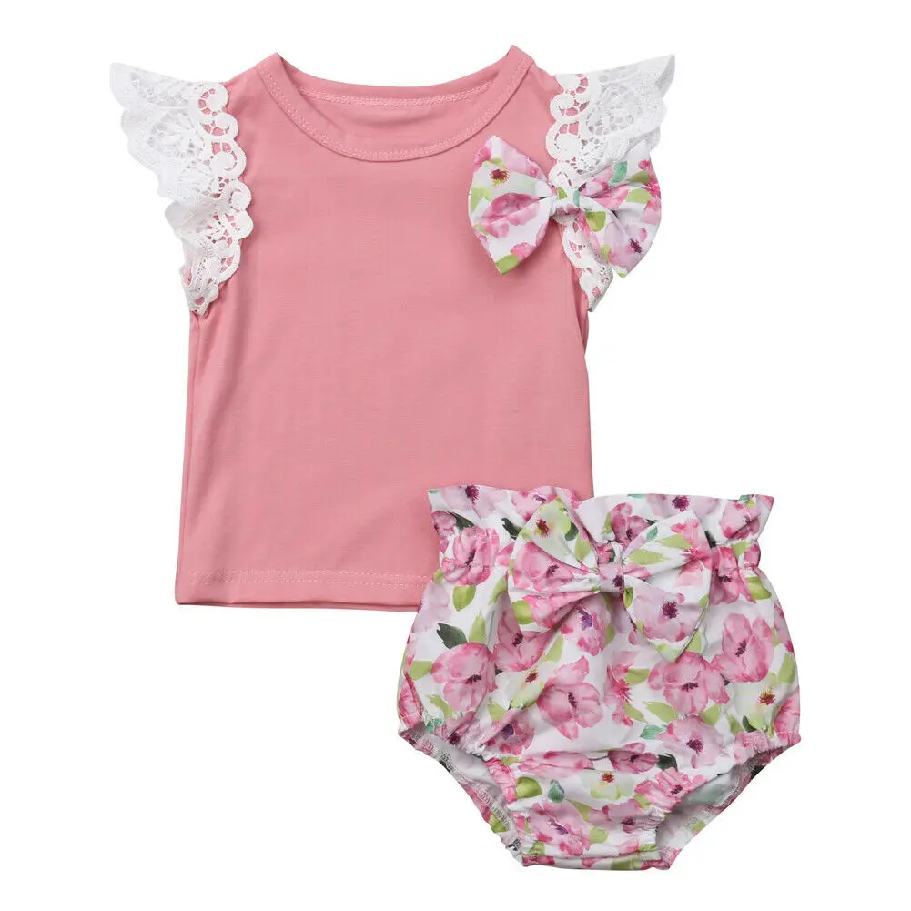 

Newborn Baby Girls Summer Sleeveless Clothes Set Infant Kids Lace Bowknot Top Shirts Floral Print Pants Cute Girl Clothes Set