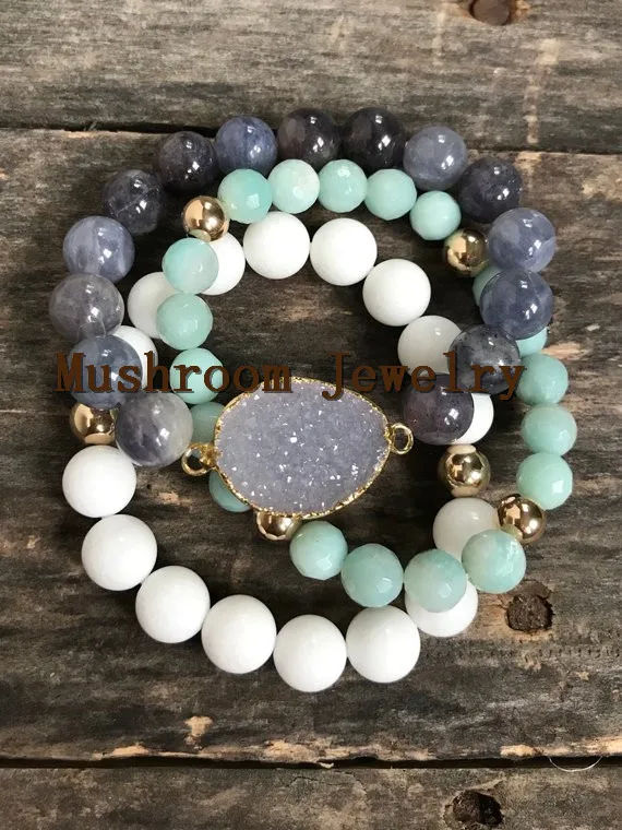 

White Beads Gold Ball Stack Bracelet Faceted amazonite Natural Druzy Agate Stone Stretch Boho Bracelet