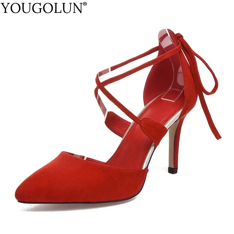 

Women Sexy High Heel Genuine Leather Spring Summer New Pointed Toe Ladies Thin Heels Pumps Ankle Strap Woman Party Shoes C138