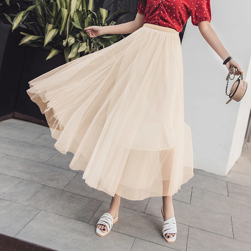 VGH Summer Solid Casual Skirt For Women Mesh Perspective High Waist Midi Pleated Skirts Female Fashion New Tide 2019 VGH Summer Solid Casual Skirt For Women Mesh Perspective High Waist Midi Pleated Skirts Female Fashion New Tide 2019