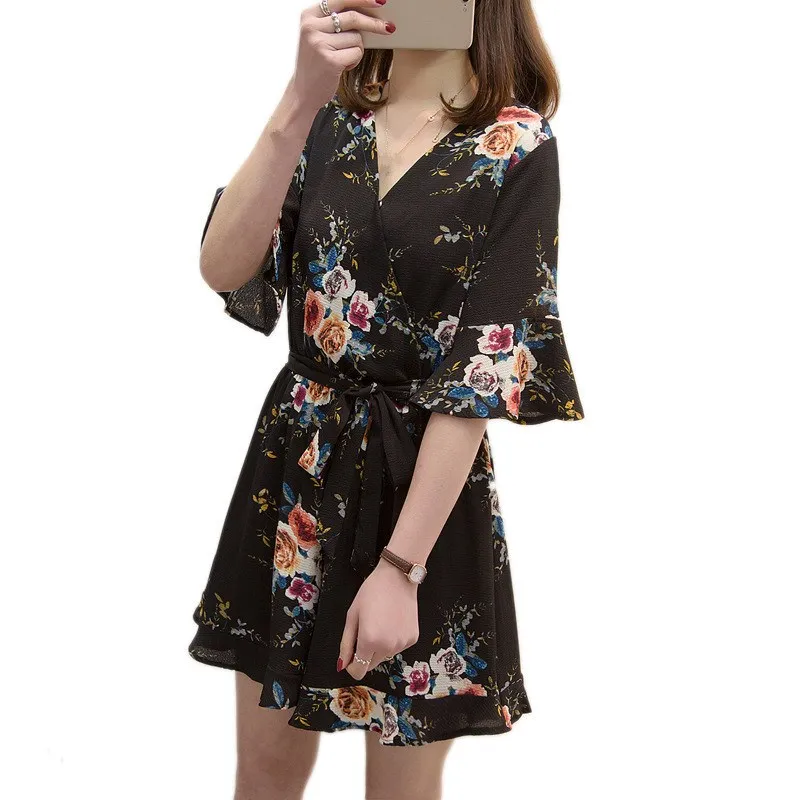 Women Sexy Flare Sleeve Floral Print Rompers Summer V-neck Belt Beach Short Jumpsuit Female Loose Plus Size Romper | Женская одежда