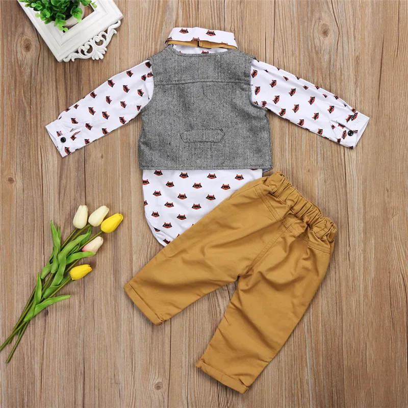 Весенне-осенняя одежда для малышей деловой костюм джентльмена для новорожденных мальчиков комбинезон с длинными рукавами, жилет и штаны Повседневный комплект одежды