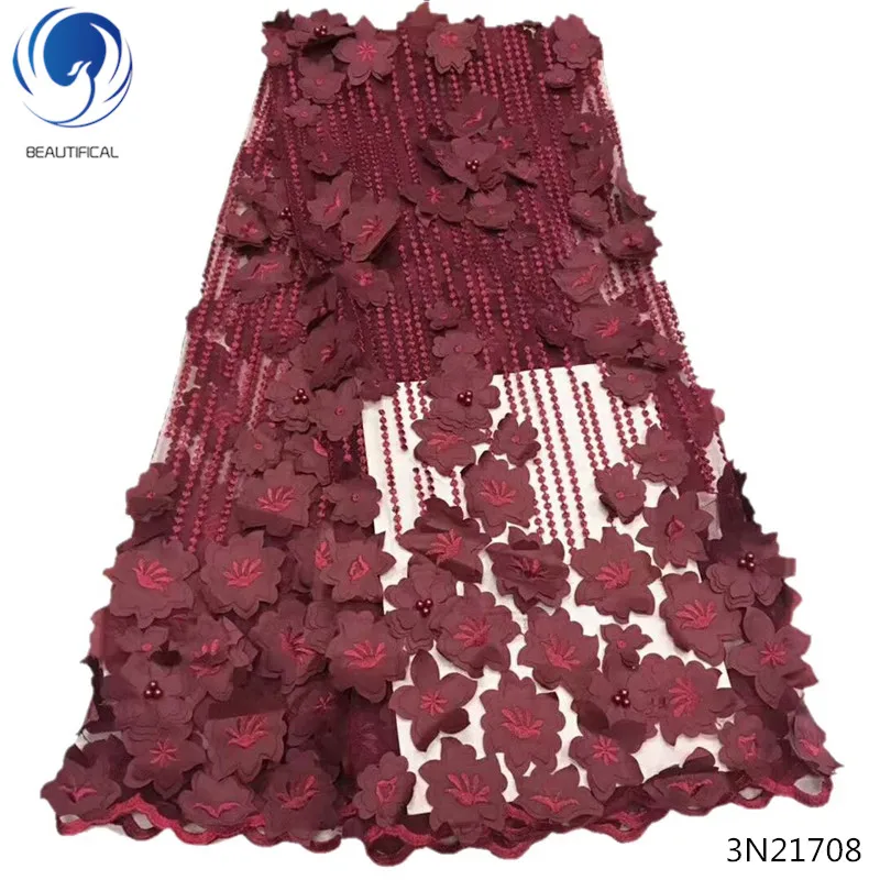 

Beautifical african laser lace fabrics 3d flower tulle lace fabric wine red lace fabric for wedding dresses 5yards/piece 3N217